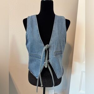 Vintage Inspired Y2K Denim Tie Front Vest Large 90s Cropped Jean Top